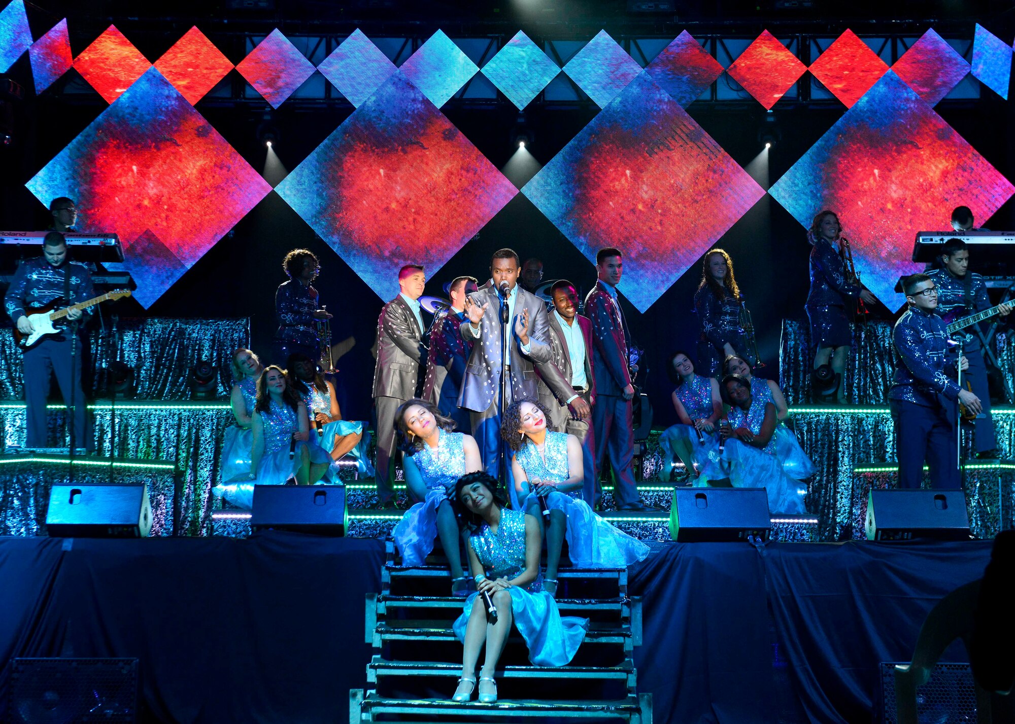 Tops in Blue members perform during their annual world tour, “Freedom’s Song,” Jan. 4, 2016, at Aviano Air Base, Italy. Each year, the Expeditionary Entertainment Unit tours both stateside and overseas, to entertain service members, families and local community members. (U.S. Air Force photo by Airman 1st Class Cary Smith/Released)