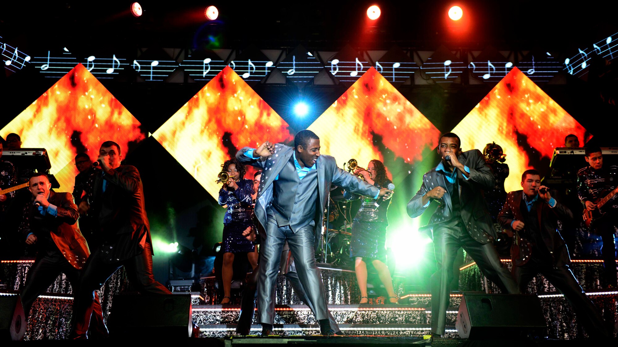 Tops in Blue members perform during their annual world tour, “Freedom’s Song,” Jan. 4, 2016, at Aviano Air Base, Italy. Each year, the Expeditionary Entertainment Unit tours both stateside and overseas, to entertain service members, families and local community members. (U.S. Air Force photo by Senior Airman Areca T. Bell/Released)