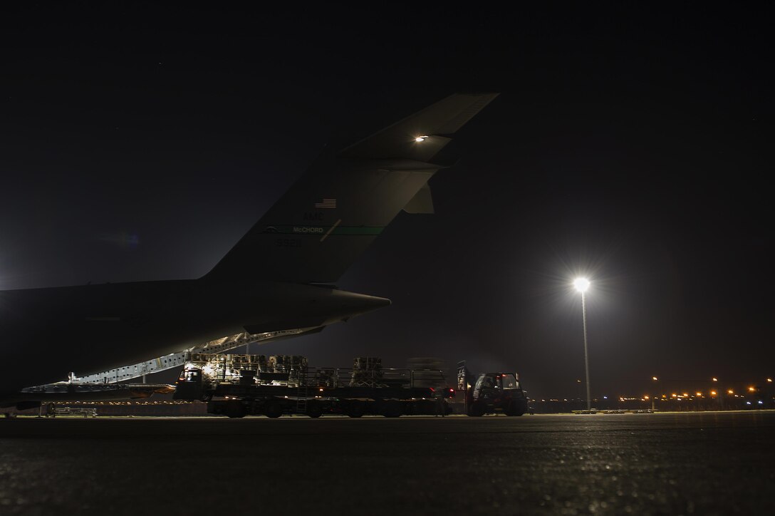 U.S. airmen deliver cargo to Incirlik Air Base, Turkey, in support of Operation Inherent Resolve, Dec. 22, 2015. Inherent Resolve is the coalition intervention against the Islamic State of Iraq and the Levant. U.S. Air Force photo by Tech. Sgt. Nathan Lipscomb 