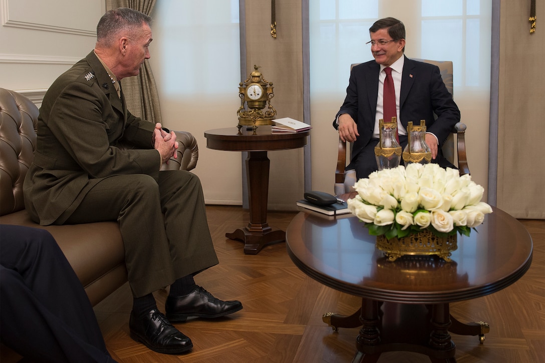U.S. Marine Corps Gen. Joseph F. Dunford Jr., left, chairman of the Joint Chiefs of Staff, meets with Turkish Prime Minister Ahmed Davutoglu at his official residence in Ankara, Turkey, Jan. 6, 2016. DoD photo by Navy Petty Officer 2nd Class Dominique A. Pineiro