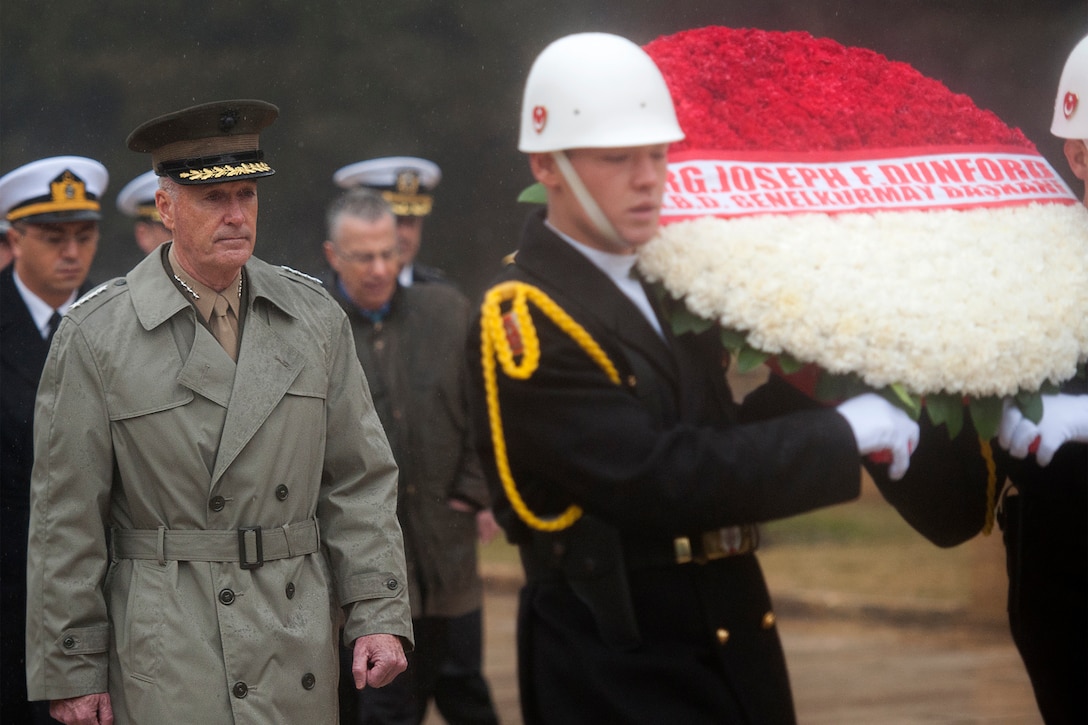 U.S. Marine Corps Gen. Joseph F. Dunford Jr., chairman of the Joint Chiefs of Staff, participates in a wreath-laying ceremony at the Anitkabir cenotaph in Ankara, Turkey, Jan. 6, 2016. DoD photo by Navy Petty Officer 2nd Class Dominique A. Pineiro