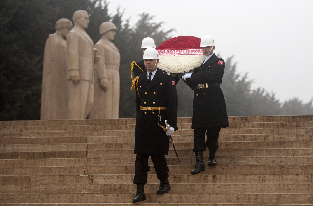 Turkish service members prepare to present a wreath to U.S. Marine Corps Gen. Joseph F. Dunford Jr., chairman of the Joint Chiefs of Staff, before a wreath-laying ceremony at Anitkabir in Ankara, Turkey, Jan. 6, 2016. DoD photo by Navy Petty Officer 2nd Class Dominique A. Pineiro