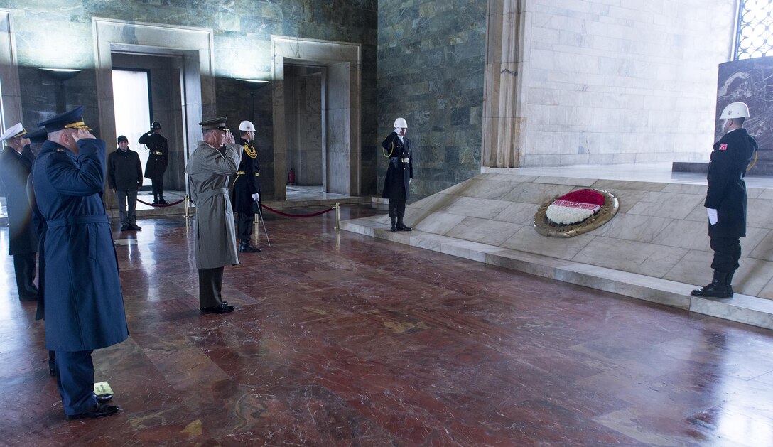 U.S. Marine Corps Gen. Joseph F. Dunford Jr., center left, chairman of the Joint Chiefs of Staff, renders honors during a wreath-laying ceremony at Anitkabir in Ankara, Turkey, Jan. 6, 2016. DoD photo by Navy Petty Officer 2nd Class Dominique A. Pineiro