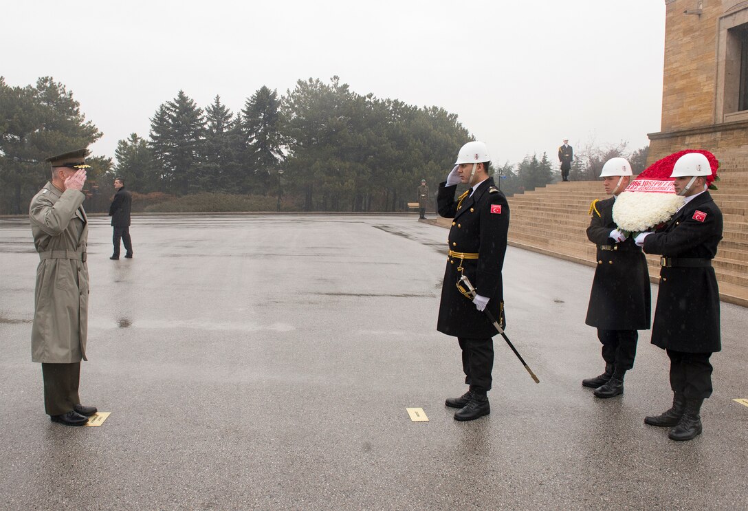 U.S. Marine Corps Gen. Joseph F. Dunford Jr., left, chairman of the Joint Chiefs of Staff, renders honors during a wreath-laying ceremony at Anitkabir in Ankara, Turkey, Jan. 6, 2016. DoD photo by Navy Petty Officer 2nd Class Dominique A. Pineiro