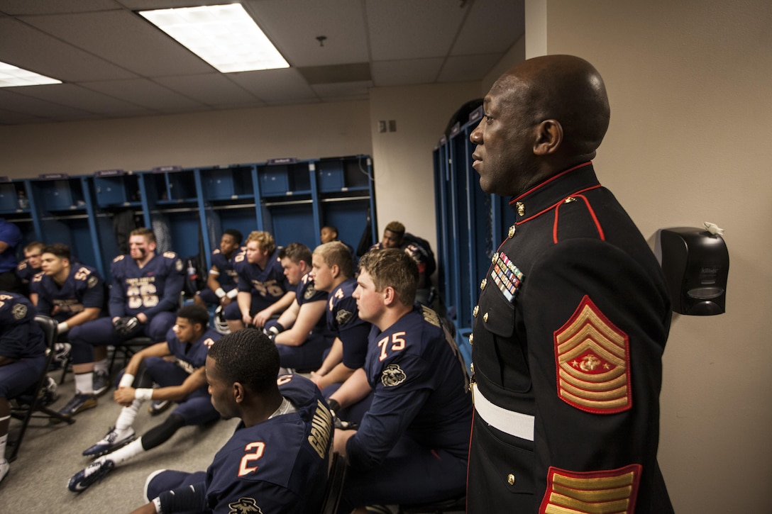 The 18th Sergeant Major of the Marine Corps, Ronald L. Green, attends the Semper Fidelis All-American Bowl at the StubHub Center in Carson, CA, Jan. 3, 2016. The annual bowl game is made up of high school seniors hand selected from around the country to make up west and east coast teams. (U.S. Marine Corps photo by Sgt. Melissa Marnell, Office of the Sergeant Major of the Marine Corps/Released)