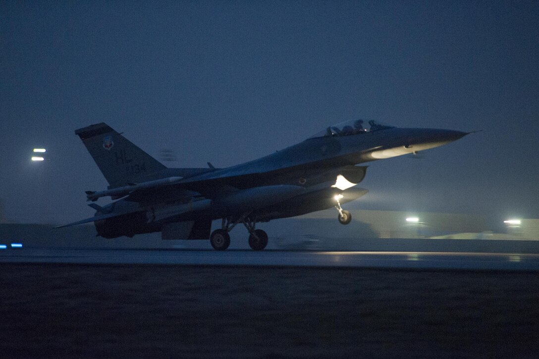 An F-16 Fighting Falcon aircraft lands at Bagram Airfield after a sortie supporting ground operations over Helmand province, Afghanistan, Jan. 6, 2016. The pilot is assigned to the 421st Expeditionary Fighter Squadron. The 421st EFS is the only dedicated fighter squadron in the country and continuously supports Operation Freedom’s Sentinel and the NATO Resolute Support mission. U.S. Air Force photo by Tech. Sgt. Robert Cloys