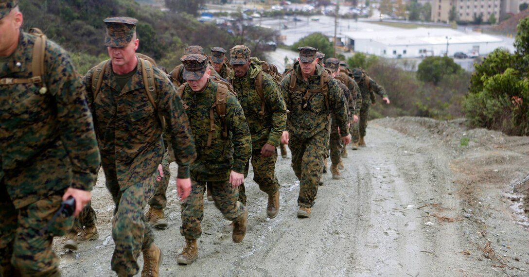 Marine Corps Air Station Camp Pendleton Marines conduct a hike as part of 'back in the saddle' training Jan. 5. The bi-annual training consists of various classes and briefs from air station personnel and concluded with a 6-mile hike aboard Camp Pendleton. (U.S. Marine Corps Photo by Pfc. Emmanuel Necoechea/ Released)
