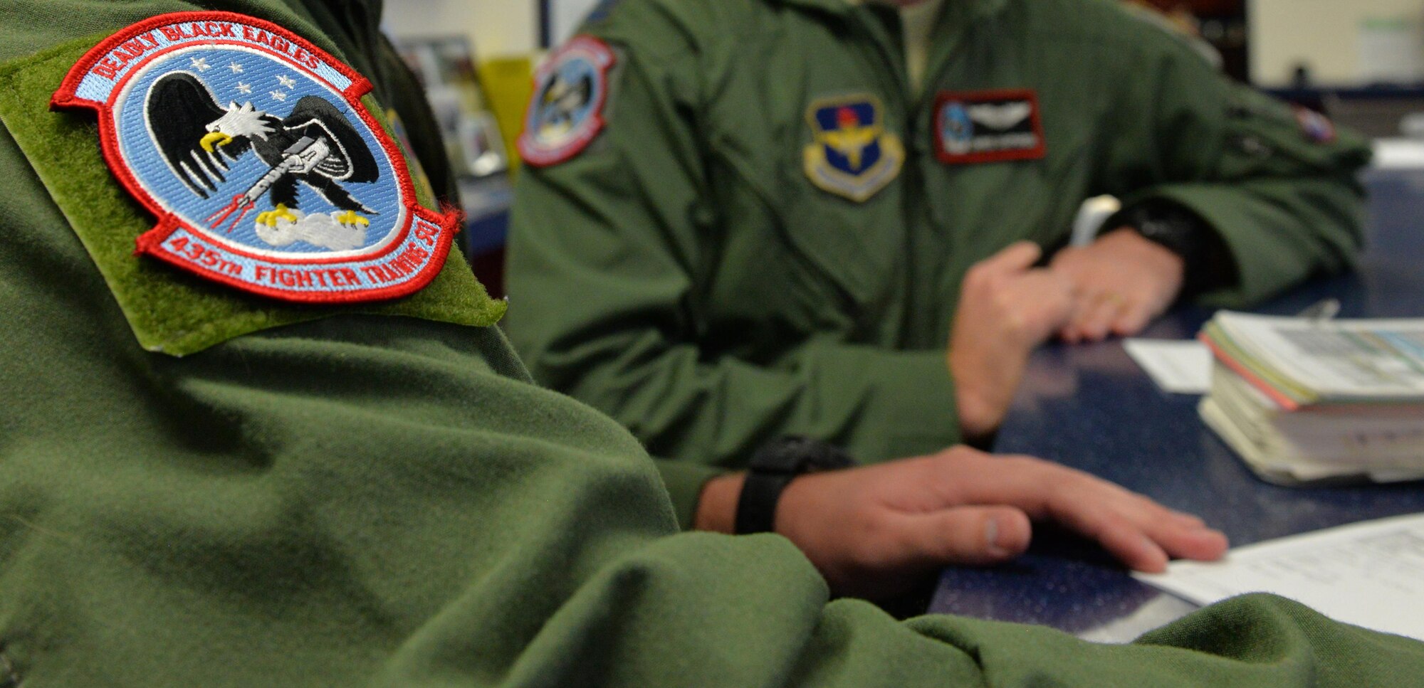 A patch displaying the Deadly Black Eagle emblem is displayed on a flight suit of a 435th Fighter Training Squadron student pilot Jan. 5. (U.S. Air Force photo by Tech. Sgt. Beth Anschutz)