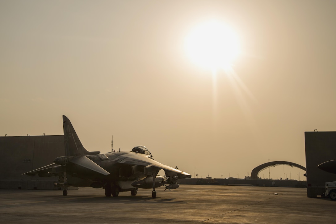 A U.S. Marine Corps AV-8B Harrier taxis on the flightline on Isa Air Base, Bahrain, Dec. 31, 2015. The Harrier is with Marine Attack Squadron 223, Special Purpose Marine Air-Ground Task Force-Crisis Response-Central Command. The unit supports Operation Inherent Resolve by providing airstrikes and close-air support in the U.S. Central Command area of responsibility. U.S. Marine Corps photo by Cpl. Akeel Austin