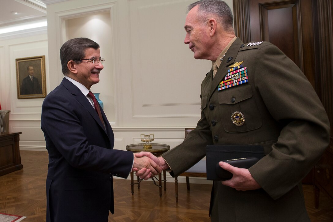 U.S. Marine Corps Gen. Joseph F. Dunford Jr., chairman of the Joint Chiefs of Staff, meets with Turkish Prime Minister Ahmed Davutoglu at his official residence in Ankara, Turkey, Jan. 6, 2016. DoD photo by Navy Petty Officer 2nd Class Dominique A. Pineiro