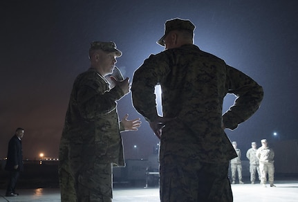 U.S. Army Col. Kevin Leahey, left, commander, Combined Joint Special Operations Task Force, briefs U.S. Marine Corps Gen. Joseph F. Dunford Jr., right, chairman of the Joint Chiefs of Staff, on Incirlik Air Base, Turkey, Jan. 6, 2016. DoD photo by Navy Petty Officer 2nd Class Dominique A. Pineiro