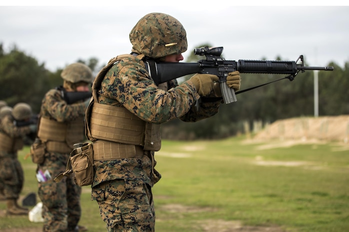 Marine Corps recruits fire during combat marksmanship training at Parris Island, S.C., Jan. 6, 2016. The recruits, assigned to Kilo Company, 3rd Recruit Training Battalion, are scheduled to graduate Jan. 29. U.S. Marine Corps photo by Sgt. Jennifer Schubert