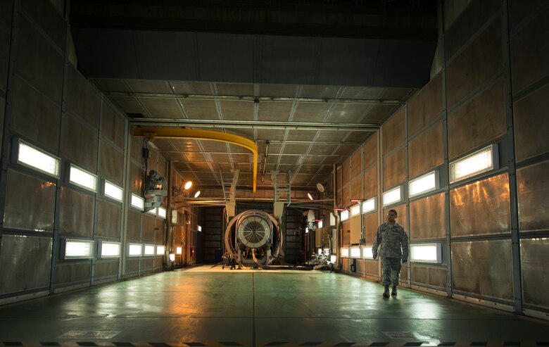 The 18th Component Maintenance Squadron tests F-15 Eagle jet engines at the hush house Jan. 5, 2016, at Kadena Air Base, Japan. The 18th CMS’s hush house was built by the government of Japan for Kadena Air Base to test F-15 Eagle jet engines without any noise pollution. The facility is the only one of its kind in the U.S. Air Force. (U.S. Air Force photo by Senior Airman Omari Bernard)