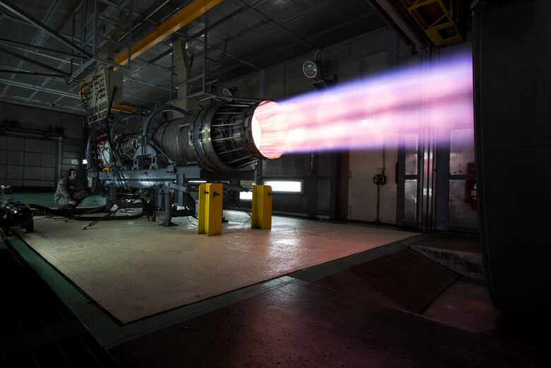 Airmen from the 18th Component Maintenance Squadron conduct tests on an F-15 Eagle jet engine at the hush house Jan. 5, 2016, at Kadena Air Base, Japan. The hush house alleviates noise from the F-15 Eagle’s jet engine, which is capable of outputting 29,000 pounds of thrust. (U.S. Air Force photo by Senior Airman Omari Bernard)