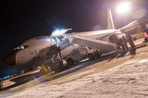 Pennsylvania Air National Guardsmen from the 171st Air Refueling Wing near Pittsburgh prepare to deploy a KC-135 aircraft and about 25 Airmen to the Middle East the night of Jan. 5, 2016.  (U.S. Air National Guard Photo by Master Sgt. Shawn Monk / Released)