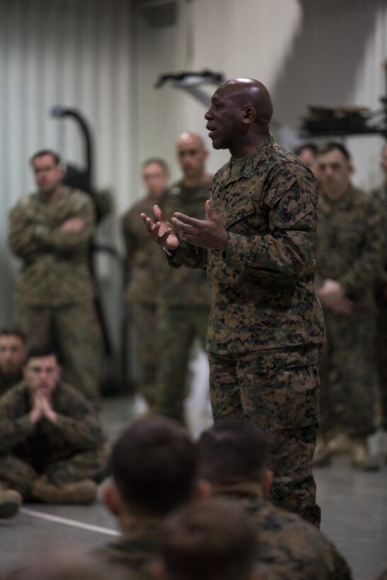 Sergeant Major Ronald L. Green, Sergeant Major of the Marine Corps, speaks with Marines and Sailors with the Black Sea Rotational Force during his visit at Mihail Kogalniceanu Air Base, Romania, Dec. 25, 2015. General Robert B. Neller, Commandant of the Marine Corps and Sgt. Maj. Green, visited the base and engaged the Marines and offer them the opportunity to ask questions. (U.S. Marine Corps photo by Lance Cpl. Melanye E. Martinez/Released)