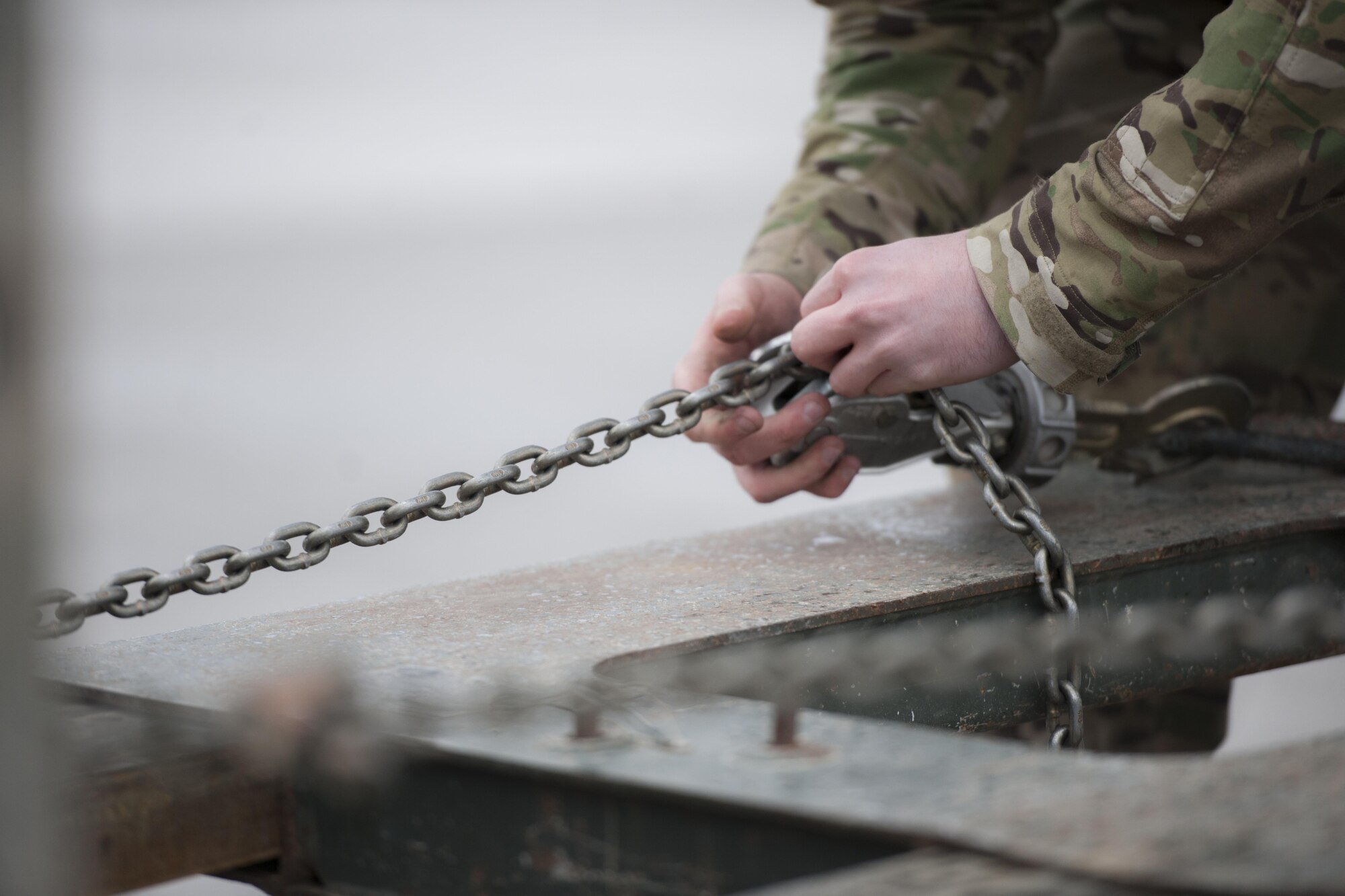 Staff Sgts. Michael Demik, 774th Expeditionary Airlift Squadron loadmaster (right), deployed from Dyess Air Force Base, Texas, prepares a forklift to move a trailer at Camp Bastion, Afghanistan, Jan. 3, 2016. Loadmasters are responsible for calculating aircraft weight, balancing records and cargo manifests, conducting cargo and personnel airdrops, and troubleshooting in-flight problems. (U.S. Air Force photo/Tech. Sgt. Robert Cloys)