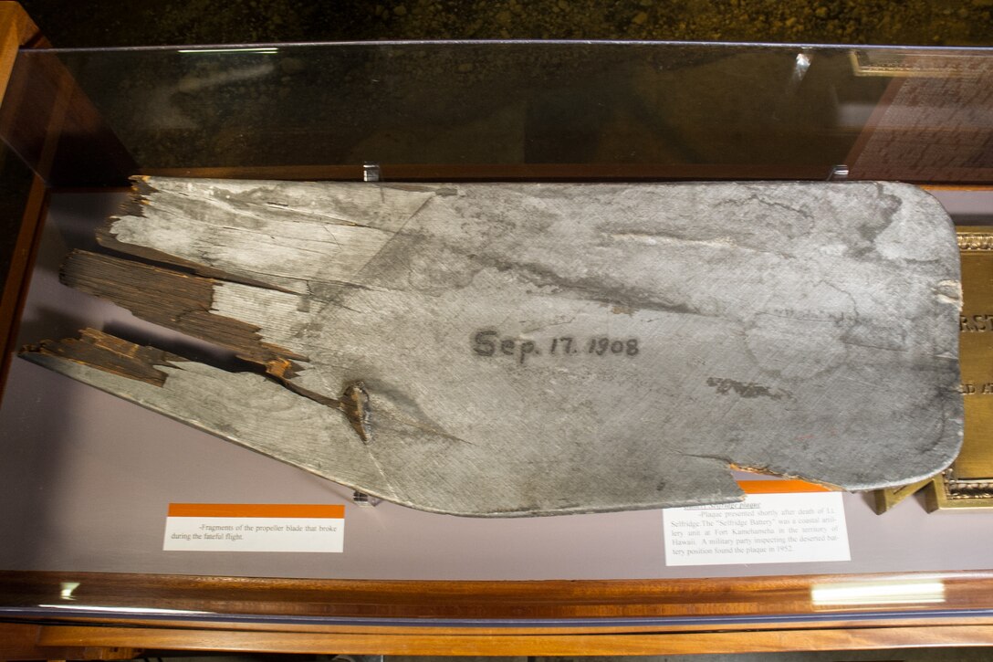 Fragments of the propeller blade that broke during the fateful flight on Sept. 17, 1908, where the right propeller on the 1908 Flyer fouled a guy wire, causing the plane to crash to earth. (U.S. Air Force photo).