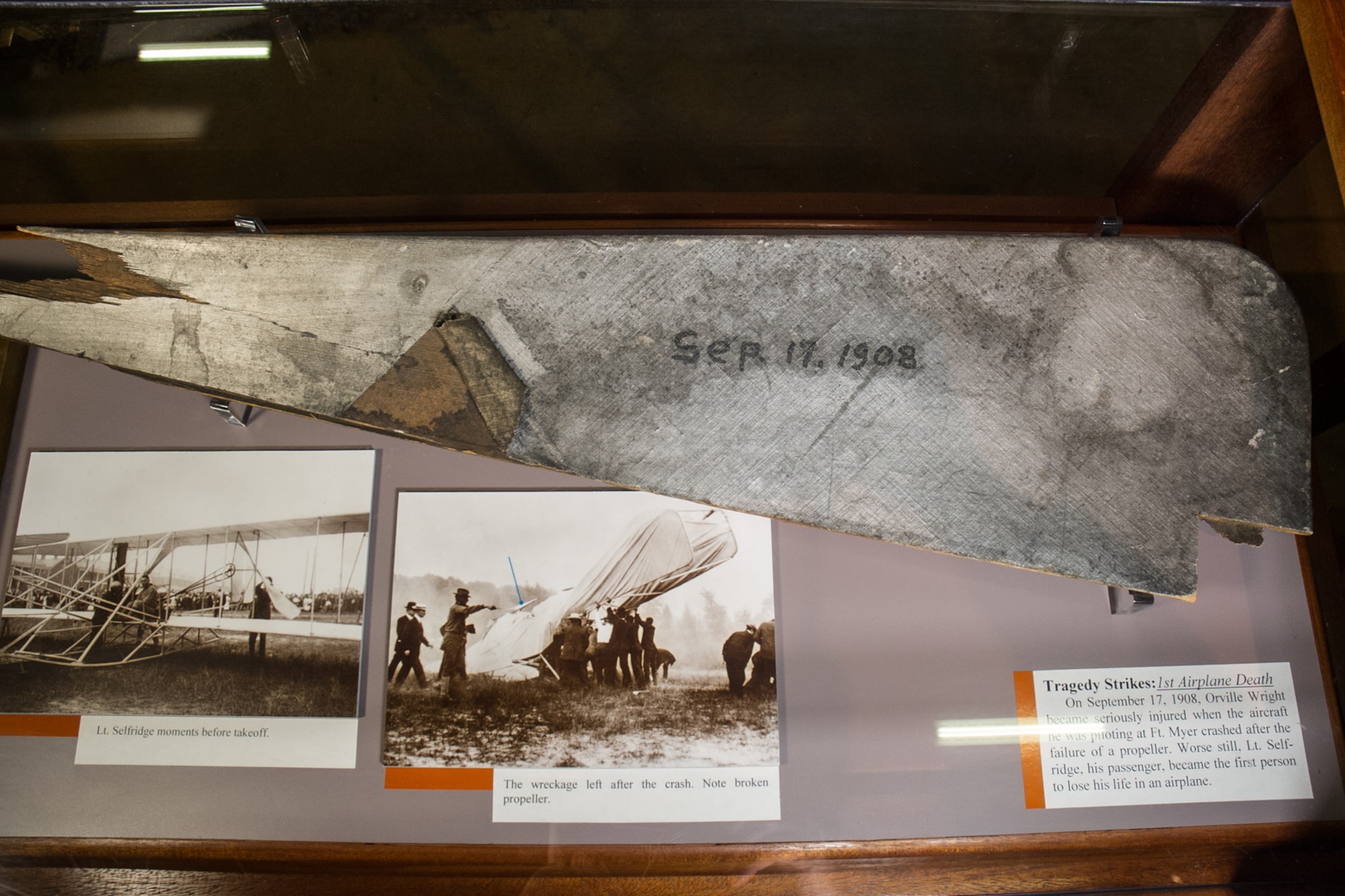 Fragments of the propeller blade that broke during the fateful flight on Sept. 17, 1908, where the right propeller on the 1908 Flyer fouled a guy wire, causing the plane to crash to earth. (U.S. Air Force photo).