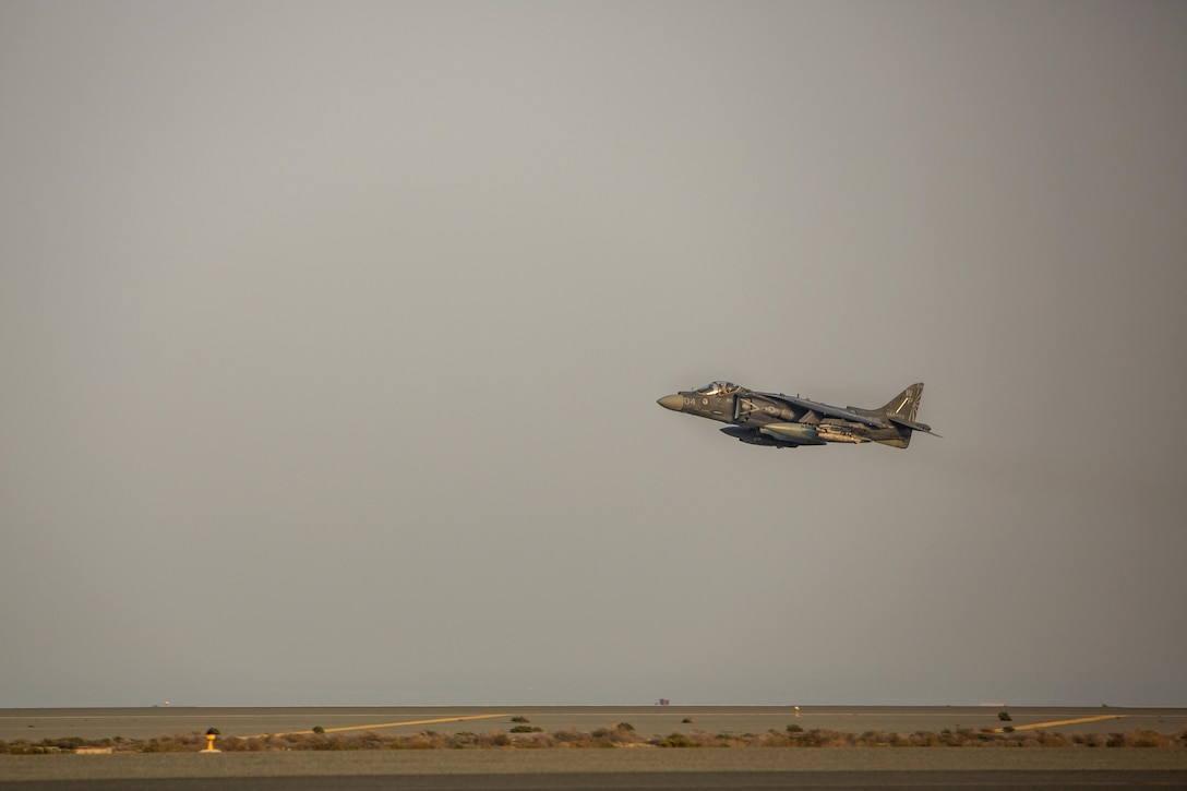 A U.S. Marine Corps AV-8B Harrier takes off to conduct close air support from Isa Air Base, Bahrain, Dec. 31, 2015. U.S. Marine Corps photo by Cpl. Akeel Austin