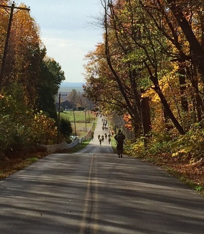 Participants of the Norwegian Foot March challenge in Evansville, Ind., Nov. 7, 2015, compete in the 30-kilometer event. Service members from the Army, Navy, Marines and Air Force active, Reserve and National Guard participated for the chance to be awarded the Norwegian Foot March Badge.