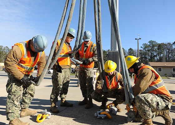Sailors from Navy Cargo Handling Battalion 1 prepare a shipping container to be lifted by a crane during training at Naval Weapon Station Yorktown in Williamsburg, Va., Jan. 6, 2016. Fifty-four active and reserve component sailors were training in preparation for departure to McMurdo Station, Antarctica, in support of the National Science Foundation. U.S. Navy photo by Petty Officer 2nd Class Benjamin Wooddy