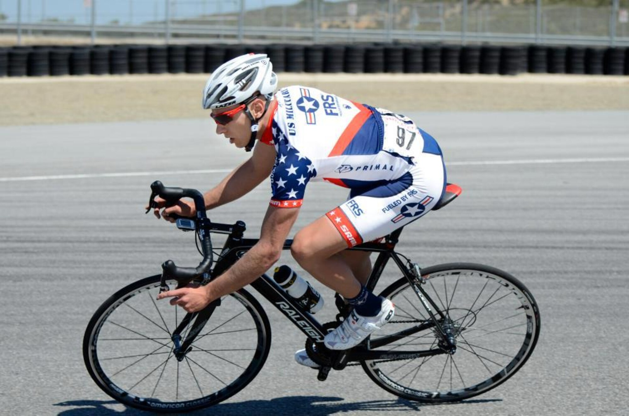 Tech. Sgt. Dwayne Farr competes in the Sea Otter Cycling Classic in 2013. Farr is one of 10 members on the Defense Department road bike racing team, and the only team member who is in the Air National Guard. (Photo courtesy of Dwayne Farr)