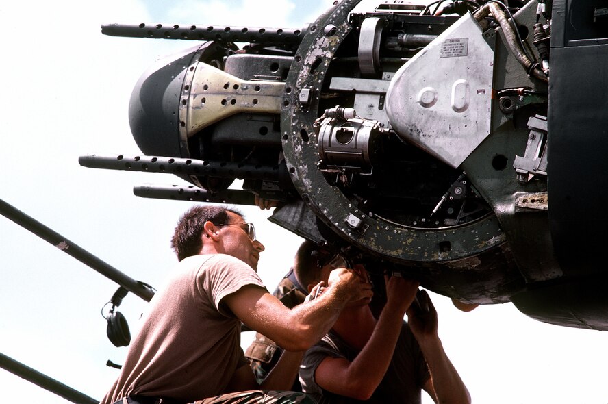 Staff Sgt. Brian D. Land checks a .50-caliber tail turret gun on a B-52G Stratofortress aircraft during Operation Desert Shield.