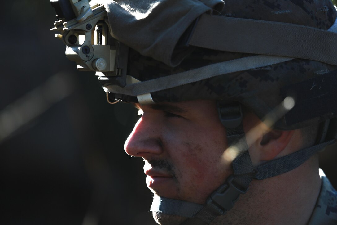 U.S. Marine Corps Sgt. Tucker Jones, platoon sergeant with Battalion Landing Team, 1st Battalion, 6th Marine Regiment (BLT 1/6), 22nd Marine Expeditionary Unit, patrols during an exercise on Camp Lejeune, N.C., Dec. 16, 2015. The exercise allowed the Marines to practice setting up patrol bases and enhances basic infantry principles. (Official Marine Corps photo by Cpl. Ryan G. Coleman/released)