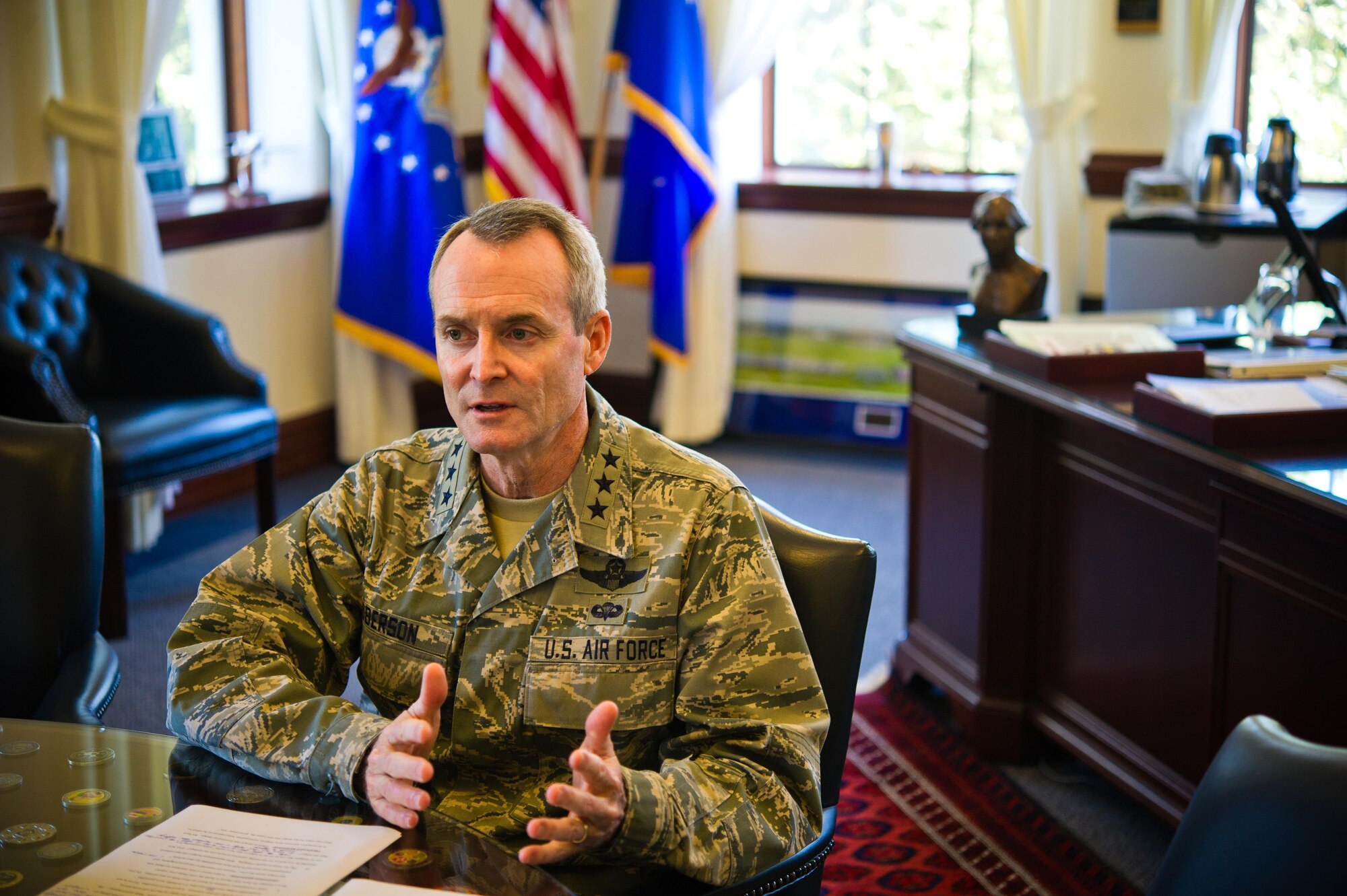 Lt. Gen. Darryl Roberson, commander of Air Education and Training Command, discusses his  philosophy on safety and mishap prevention during an interview at Joint Base San Antonio-Randolph, Nov. 23, 2015. (U.S. Air Force photo by Tech. Sgt. Sarayuth Pinthong)