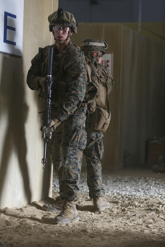 U.S. Marines assigned to Alpha Company, Battalion Landing Team, 1st Battalion, 6th Marine Regiment (BLT 1/6), 22nd Marine Expeditionary Unit, participate in an infantry immersion training exercise at Camp Lejeune, N.C., Dec. 14, 2015. BLT 1/6 conducted the training in preparation for a future deployment with the 22nd Marine Expeditionary Unit. (U.S. Marine Corps photo by Lance Cpl. Koby I. Saunders/ 22 MEU/Released)