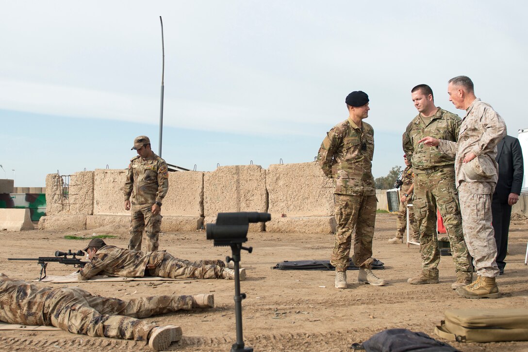 U.S. Marine Corps Gen. Joseph F. Dunford Jr., right, chairman of the Joint Chiefs of Staff, observes members of the Iraqi special operation forces during sniper rifle training at Area VI training site in Baghdad, Jan. 7, 2016. The Iraqi special forces primarily conduct anti-guerrilla operations and are part of the Iraqi Counter Terrorism Bureau. DoD photo by Navy Petty Officer 2nd Class Dominique A. Pineiro