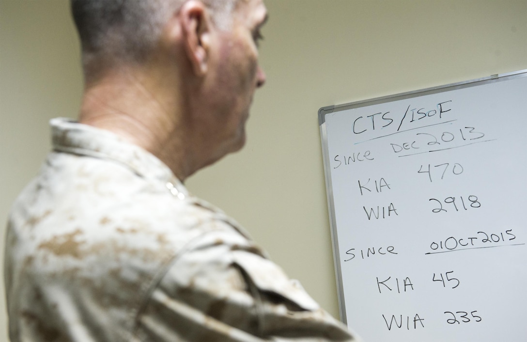 U.S. Marine Corps Gen. Joseph F. Dunford Jr., chairman of the Joint Chiefs of Staff, reads the number of casualties suffered by the Iraq Counter Terrorism Service and Iraq special operations forces at an Iraqi wounded warrior clinic in Baghdad, Jan. 7, 2016. DoD photo by Navy Petty Officer 2nd Class Dominique A. Pineiro