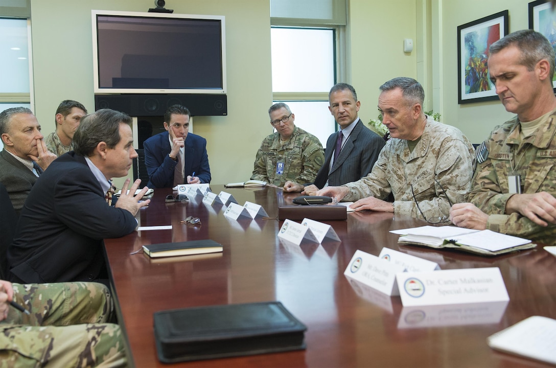 U.S. Marine Corps Gen. Joseph F. Dunford Jr., right, chairman of the Joint Chiefs of Staff, meets with U.S. Ambassador to Iraq Stuart Jones at the U.S. Embassy in Baghdad, Jan. 7, 2016. DoD photo by Navy Petty Officer 2nd Class Dominique A. Pineiro