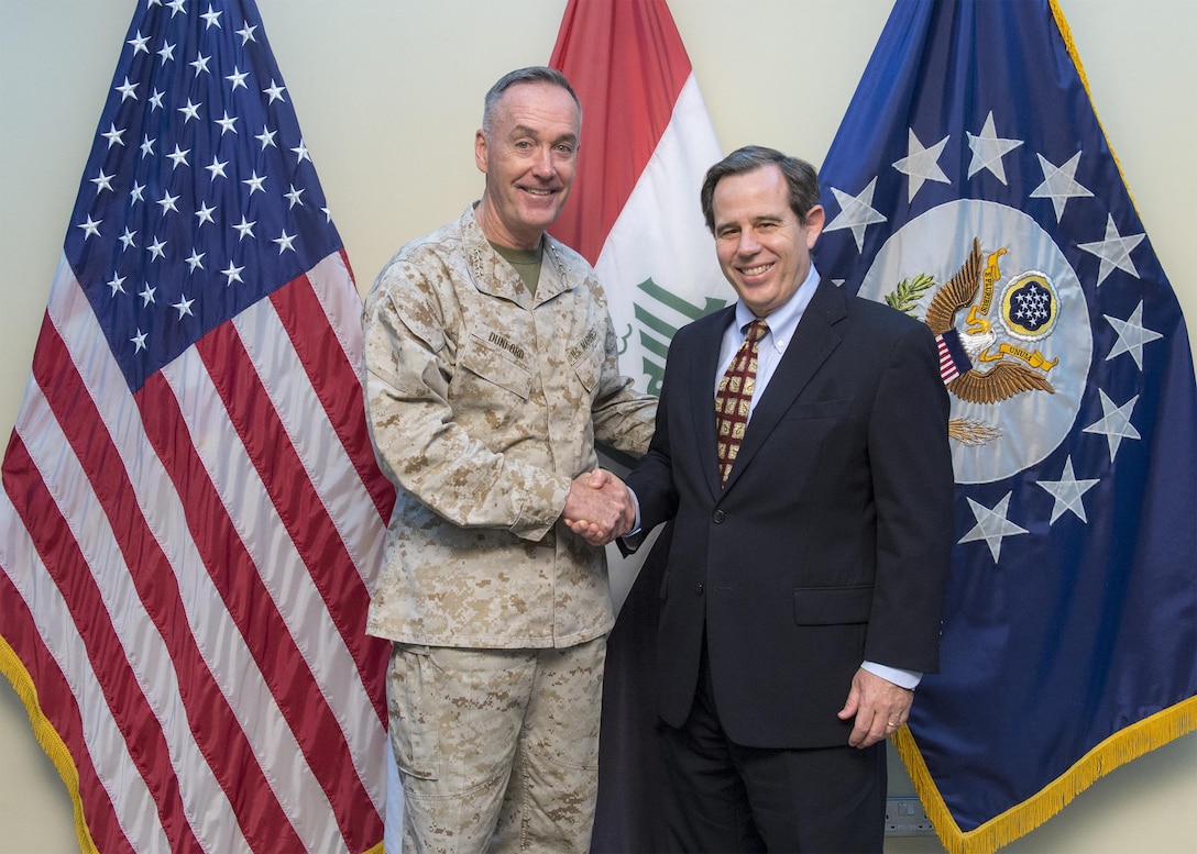 U.S. Marine Corps Gen. Joseph F. Dunford Jr., chairman of the Joint Chiefs of Staff, meets with U.S. Ambassador to Iraq Stuart Jones at the U.S. Embassy in Baghdad, Jan. 7th, 2016. DoD photo by Navy Petty Officer 2nd Class Dominique A. Pineiro