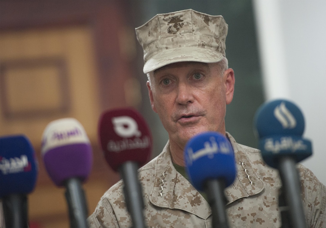 U.S. Marine Corps Gen. Joseph F. Dunford Jr., chairman of the Joint Chiefs of Staff, conducts a press conference with Iraqi Lt. Gen. Othman al-Ghanimi, the Iraqi chief of defense in Baghdad, Jan. 7, 2016. DoD photo by Navy Petty Officer 2nd Class Dominique A. Pineiro