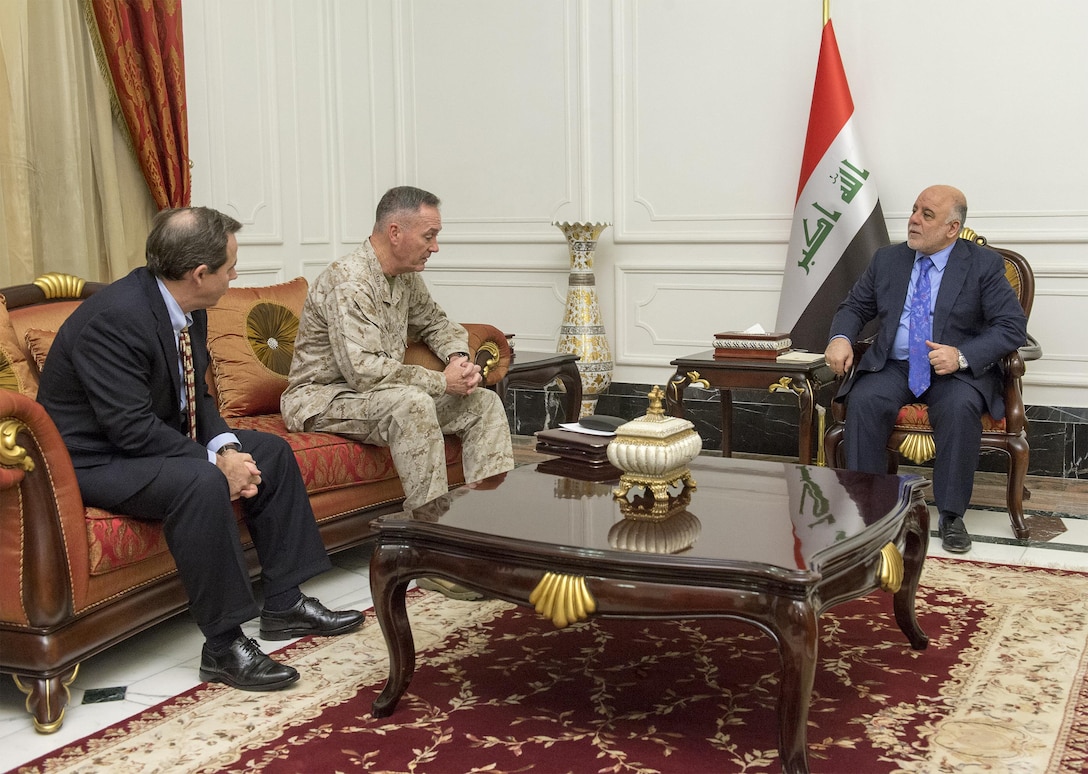 U.S. Marine Corps Gen. Joseph F. Dunford Jr., center, chairman of the Joint Chiefs of Staff, and U.S. Ambassador to Iraq Stuart Jones, left, meet with Iraqi Prime Minister Haider al-Abadi at the Republican Palace in Baghdad, Jan. 7, 2016. DoD photo by Navy Petty Officer 2nd Class Dominique A. Pineiro
