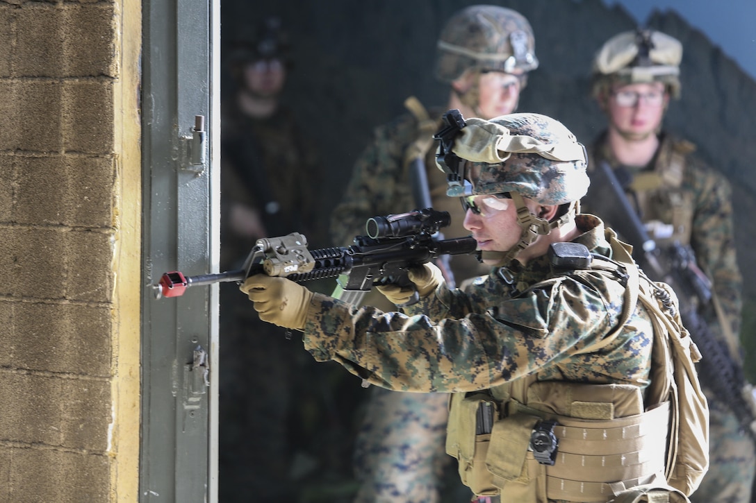 U.S. Marines assigned to Alpha Company, Battalion Landing Team, 1st Battalion, 6th Marine Regiment (BLT 1/6), 22nd Marine Expeditionary Unit, participate in an infantry immersion training exercise at Camp Lejeune, N.C., Dec. 14, 2015. BLT 1/6 conducted the training in preparation for a future deployment with the 22nd Marine Expeditionary Unit. (U.S. Marine Corps photo by Lance Cpl. Koby I. Saunders/ 22 MEU/Released)