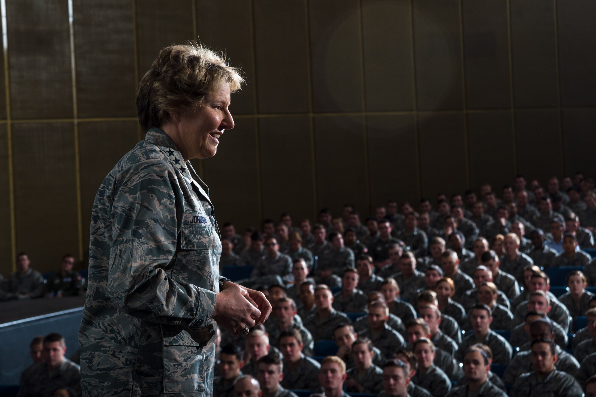 Lt. Gen. Michelle Johnson, the superintendent of the Air Force Academy, speaks to junior and senior cadets about commitment, trust and improvement, Jan. 6, 2016 in Arnold Hall. (U.S. Air Force photo /Liz Copan)