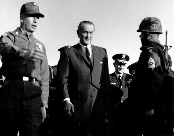 JOINT BASE CHARLESTON, SC -- President Lyndon B. Johnson visited Pope AFB, N.C. to initiate Operation Bonny Jack, the no-notice combat airlift of the 82d Airborne Division to
Vietnam. The 12-day operation was an outstanding success, finishing 23.5 	hours ahead of schedule. The C-141 Starlifter from the 437th Military Airlift Wing and other C-133 aircraft flew 161 missions, airlifted 3,719 troops and 2,273.3 tons of cargo and established a 99 percent on-load reliability rate. (Courtesy Photo)