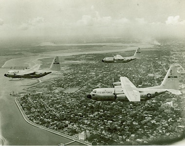 JOINT BASE CHARLESTON, SC -- C-130s from the Charleston Air Force Base fly over the
Charleston peninsula in the early 1960’s. Only a few years later, they were replaced by the C-141. The next year, on January 8, 1966, the 437th Military Airlift Wing took over as
Charleston AFB’s host unit. When placed under the newly formed Air Mobility Command in 1992, the unit became the 437th Airlift Wing. A year later, on July 14, 1993, the first C-17
was delivered to the 437th AW. (Courtesy Photo)