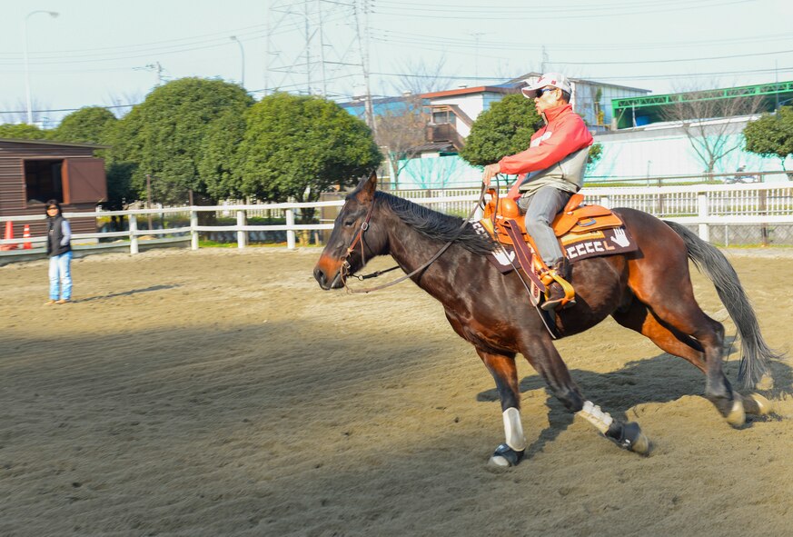 Ryouji Ishihara, Tama Stables customer, learns horse riding techniques under the direction of Shoko Oka, Tama Stables stable manager at Tama Hills, Japan, Dec. 16, 2015. Customers at Tama hills can enjoy a quiet trail ride, learn to train horses or take lessons in English and Western style riding. (U.S. Air Force photo by Airman 1st Class Elizabeth Baker/Released)