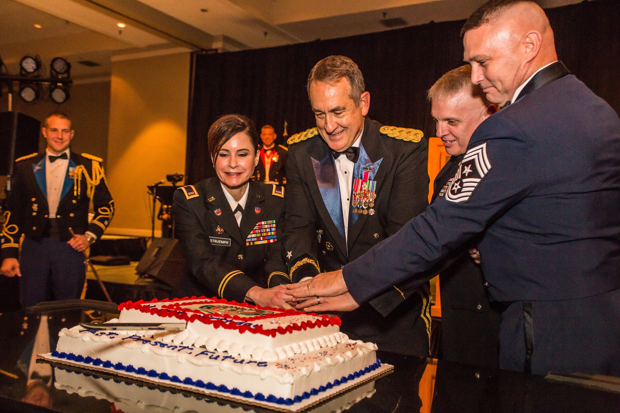 U.S. Army Maj. Gen. Stephen Danner, Adjutant General of the Missouri National Guard cuts the birthday cake during the 7th Annual Missouri National Guard Birthday Ball, at Tan-Tar-A Resort, Osage Beach, Mo., December 12, 2015. The National Guard was celebrating its 379th birthday, which was established on December 13, 1636. (U.S. Air National Guard photo by Senior Airman Patrick P. Evenson/Released)