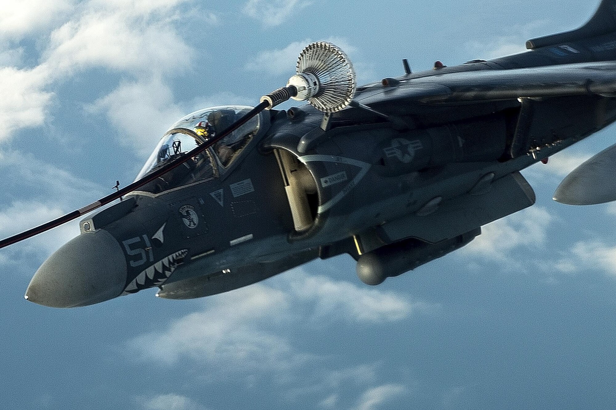 A U.S. Marine Corps AV-8B Harrier II refuels over Iraq in support of Operation Inherent Resolve, Dec. 31, 2015. OIR is the coalition intervention against the Islamic State of Iraq and the Levant. (U.S. Air Force photo by Tech. Sgt. Nathan Lipscomb)