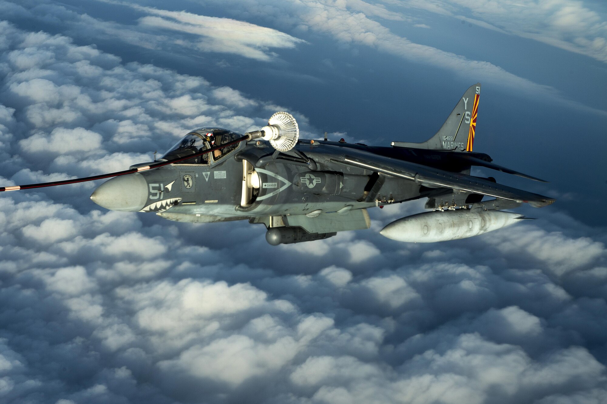 A U.S. Marine Corps AV-8B Harrier II refuels over Iraq in support of Operation Inherent Resolve, Dec. 31, 2015. OIR is the coalition intervention against the Islamic State of Iraq and the Levant. (U.S. Air Force photo by Tech. Sgt. Nathan Lipscomb)