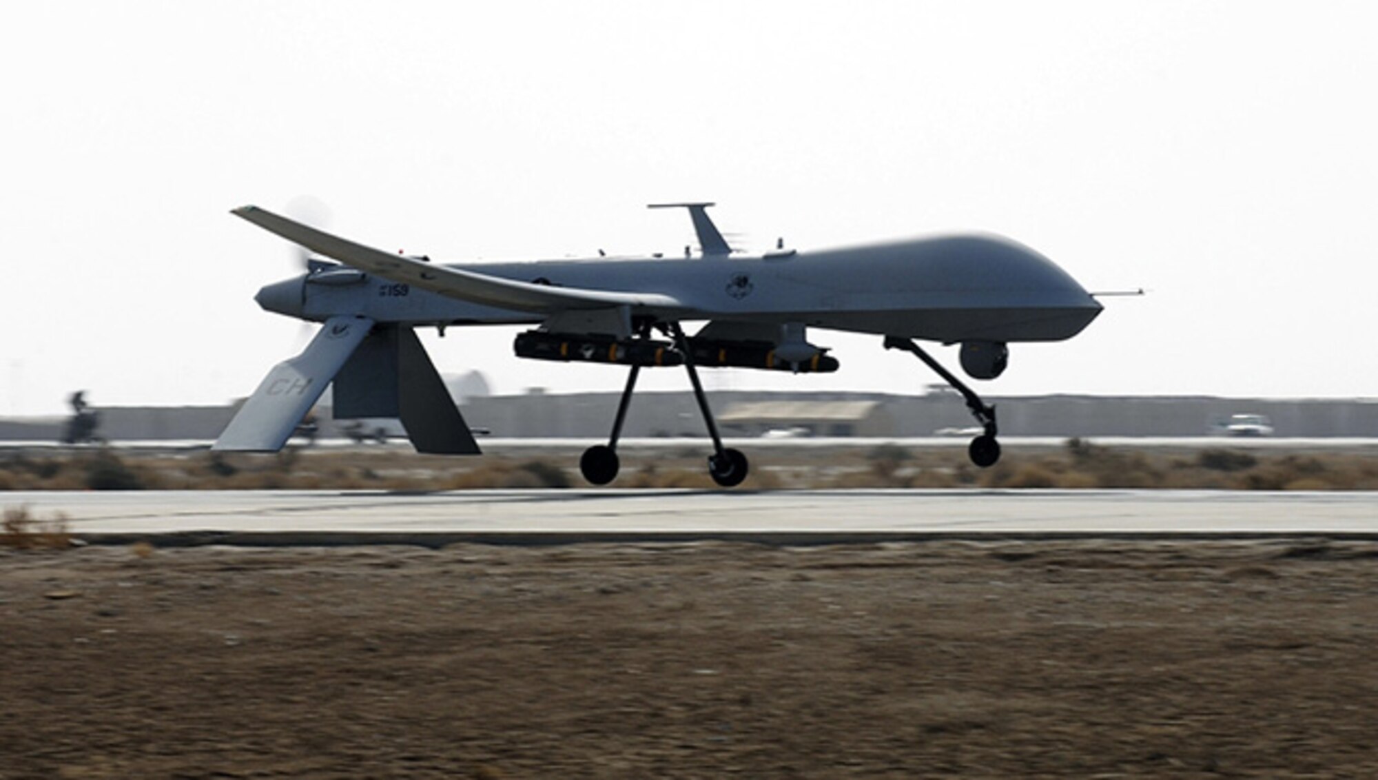 An Air Force MQ-1B Predator from the 361st Expeditionary Reconnaissance Squadron takes off from Ali Base, Iraq, in support of Operation Iraqi Freedom. The Predator is a medium-altitude, long-endurance, remotely piloted aircraft capable of conducting armed reconnaissance. (U.S. Air Force photo/Airman 1st Class Jonathan Snyder)