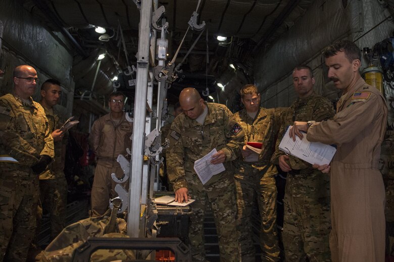 U.S. Air Force Airmen from the 746th Expeditionary Airlift Squadron and the 379th Expeditionary Aeromedical Evacuation Squadron review the mission plan for an aeromedical evacuation mission in support of Operation Inherent Resolve, Jan. 6, 2016, Al Udeid Air Base, Qatar. OIR is the coalition intervention against the Islamic State of Iraq and the Levant. (U.S. Air Force photo by Tech. Sgt. Nathan Lipscomb)