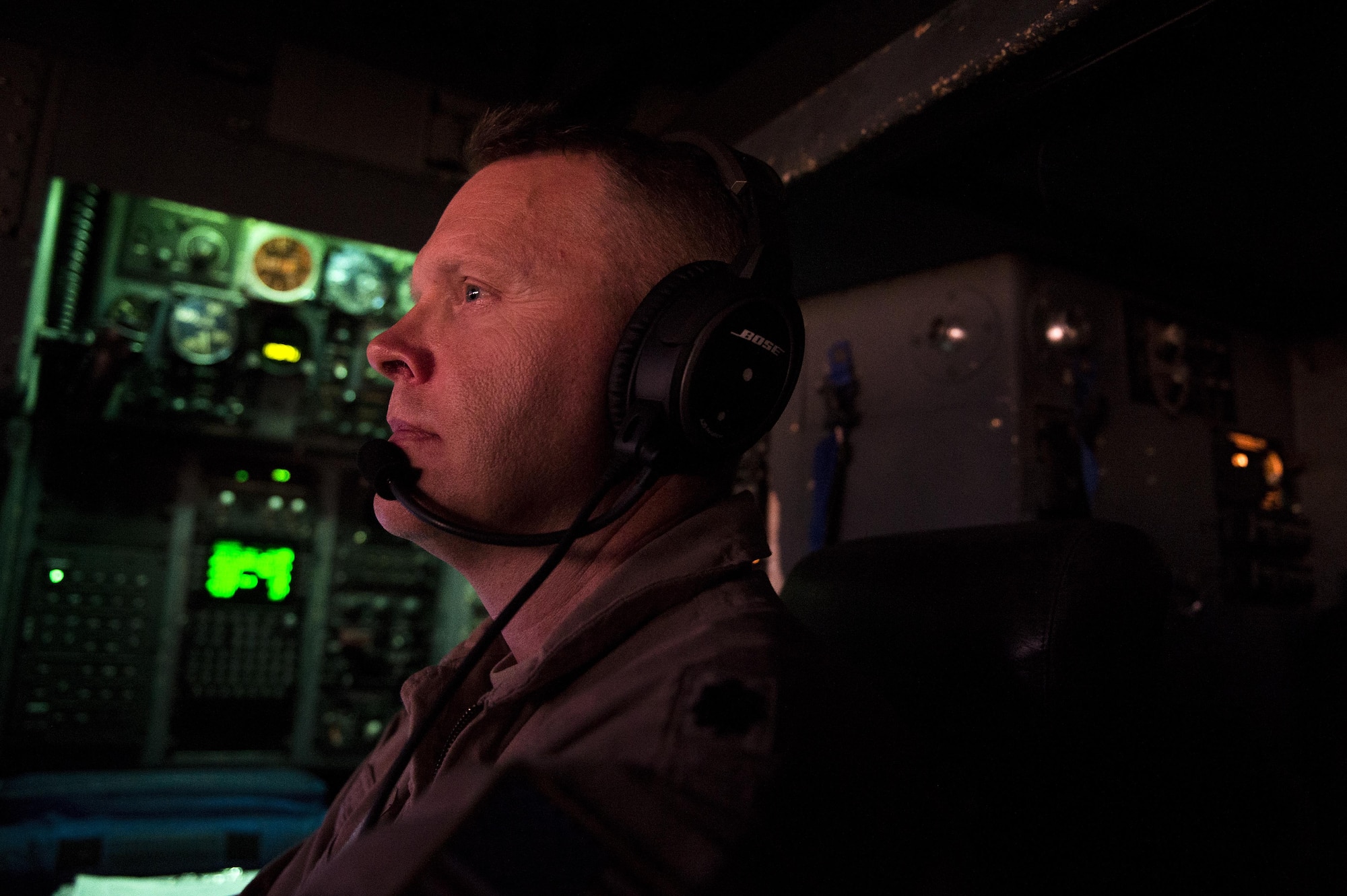 U.S. Air Force Lt. Col. Terry O'Grady, 746th Expeditionary Airlift Squadron, navigates the C-130H Hercules' flight path during a Aeromedical Evacuation in Southwest Asia in support of Operation Inherent Resolve, Jan. 6, 2016. OIR is the coalition intervention against the Islamic State of Iraq and the Levant. (U.S. Air Force photo by Tech. Sgt. Nathan Lipscomb)