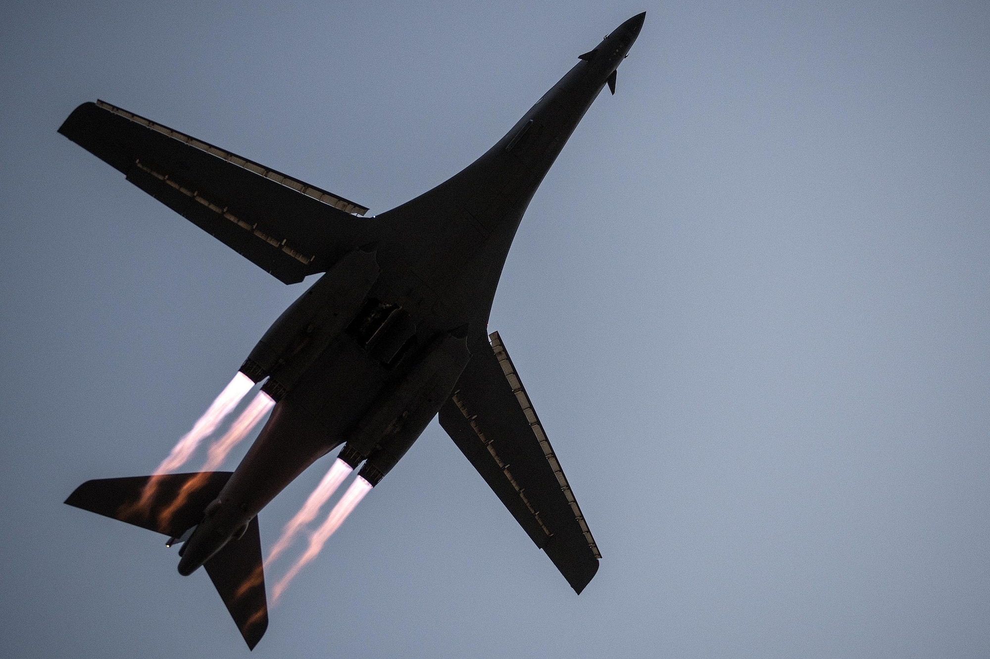 A B-1B Lancer takes off from Al Udeid Air Base, Qatar, to conduct combat operations April 8, 2015. Al Udeid AB is a strategic coalition base that supports over 90 combat and support aircraft and houses more than 5,000 military personnel. (U.S. Air Force photo/Senior Airman James Richardson)