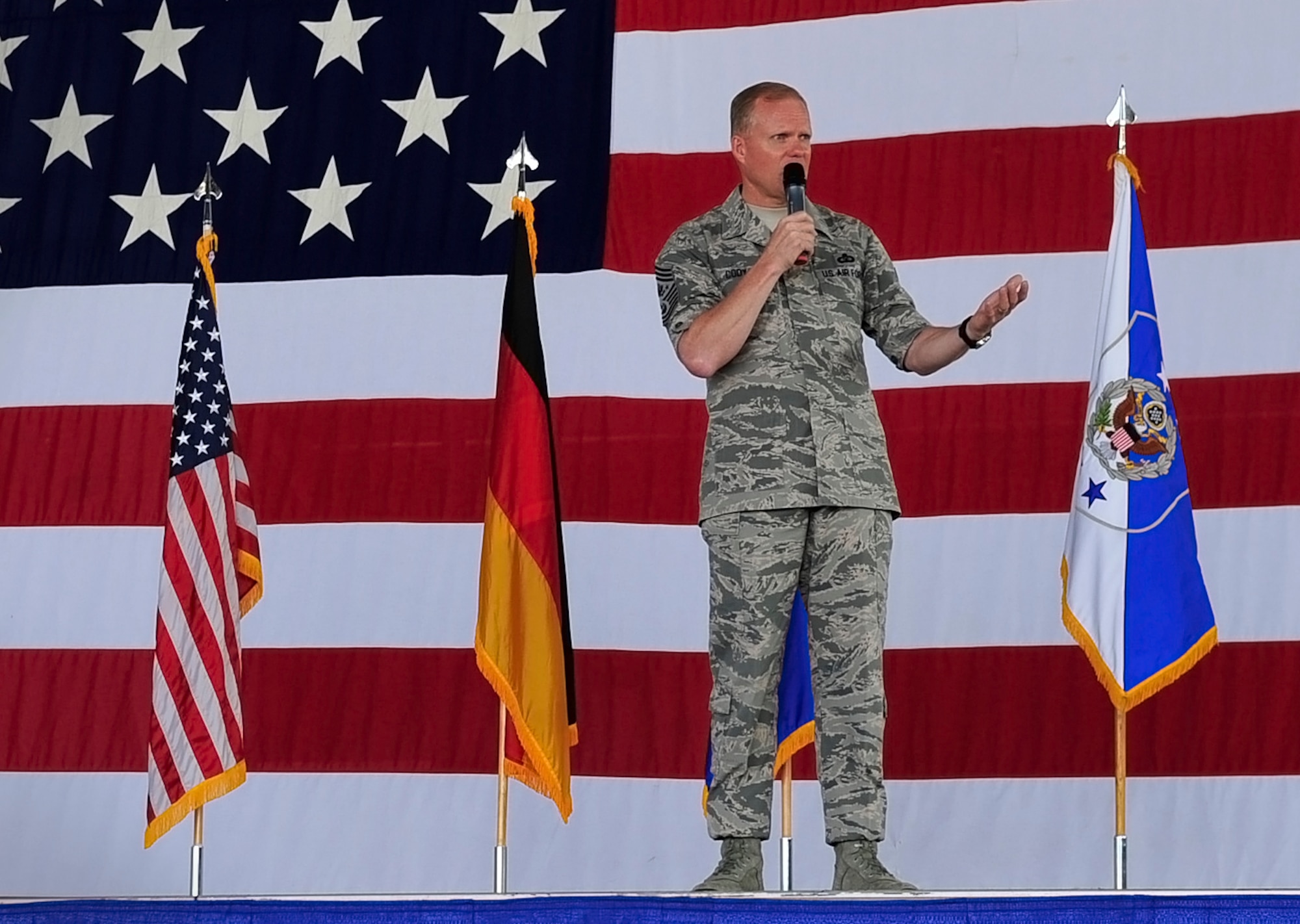 Chief Master Sgt. of the Air Force James A. Cody meets with Airmen during an all call June 15, 2015, at Ramstein Air Base, Germany. Cody answered Airmen’s questions regarding Air Force standards, new processes and entitlements. (U.S. Air Force photo/Airman 1st Class Larissa Greatwood)